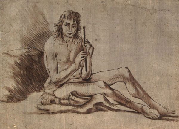 Johann Georg Wagner, Pan mit Flöte. Wohl nach 1760.: Johann Georg Wagner, Pan mit Flöte. Wohl nach 1760. auf Bütten, auf Untersatzkarton montiert. Auf dem Untersatzkarton in brauner Tinte signiert "Johann Georg Wagner. del" u.Mi. Verso nochmals in Ble