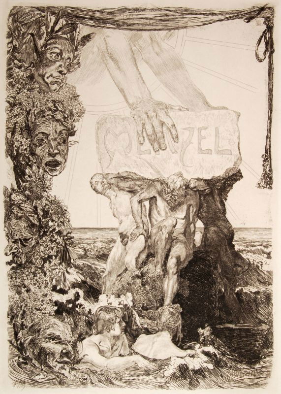 Max Klinger "Das Menzelfestblatt". 1884.: Max Klinger "Das Menzelfestblatt". 1884. Etching. Foliobogen, vierseitig. Das Hauptblatt (erste Seite) in der Platte u.li. signiert "MKlinger". Dritte Seite mit der Text in Typendruck und mehreren Zin