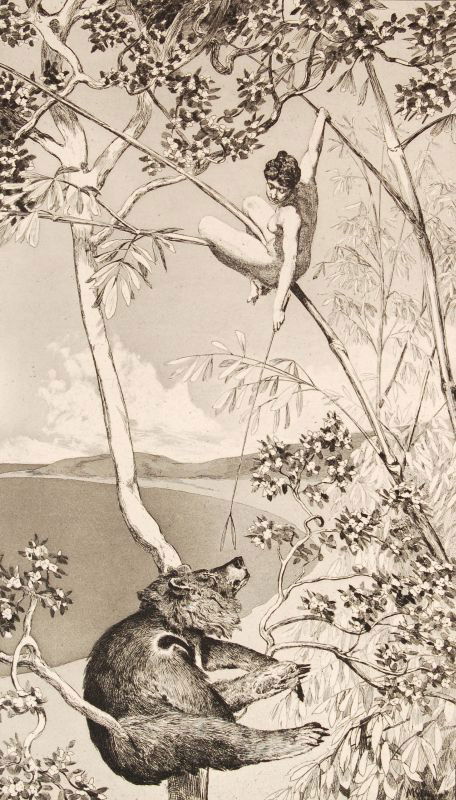 Max Klinger "Bär und Elfe". 1880.: Max Klinger "Bär und Elfe". 1880. Aquatint etching und Roulette auf China auf Kupferdruckpapier. In der Platte signiert "Max Klinger" u.li. und nummeriert "I" u.re. Unterhalb der Darstellung in Blei