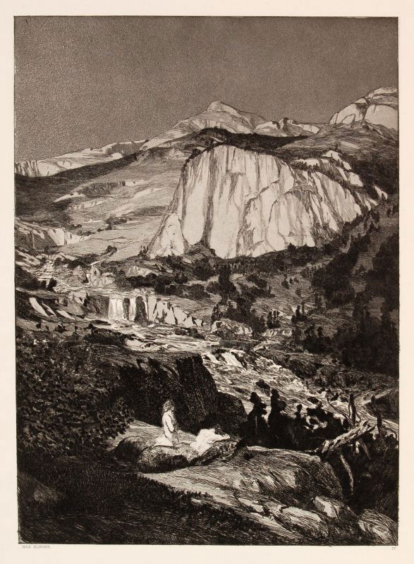 Max Klinger "Mondnacht". 1881.: Max Klinger "Mondnacht". 1881. Aquatint etching auf festem Bütten. In der Platte signiert "Max Klinger." u.li. und nummeriert "IV" u.re. Blatt 5 aus "Intermezzi, Opus IV".Unscheinbar knickspurig und