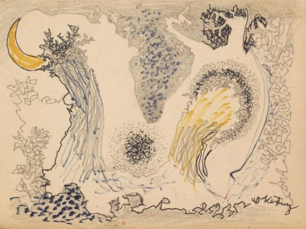 Edmund Kesting, Mond über dem Darßwald. 1960's.: Edmund Kesting, Mond über dem Darßwald. 1960's. Pen drawing in Schwarz über Farb- und Bleistift auf gelben Skizzenpapier. In Kugelschreiber signiert "EdKesting" u.re. Blatt leicht atellierspurig un