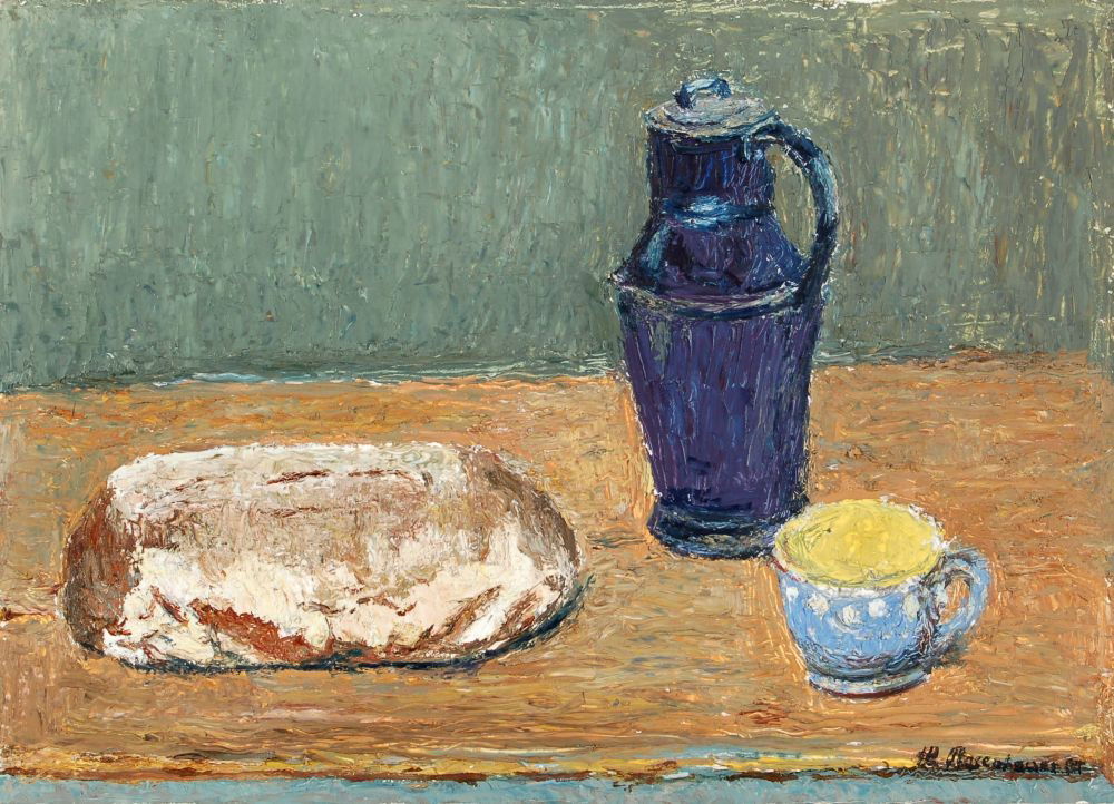 Theodor Rosenhauer "Stilleben mit Brot, blauem Kru: Theodor Rosenhauer "Stilleben mit Brot, blauem Krug und Tasse". 1987. Oil on canvas. U.re. signiert "Th. Rosenhauer" und datiert, verso auf dem vom Künstler eigenhändig umgeschlagenen unteren Randbe