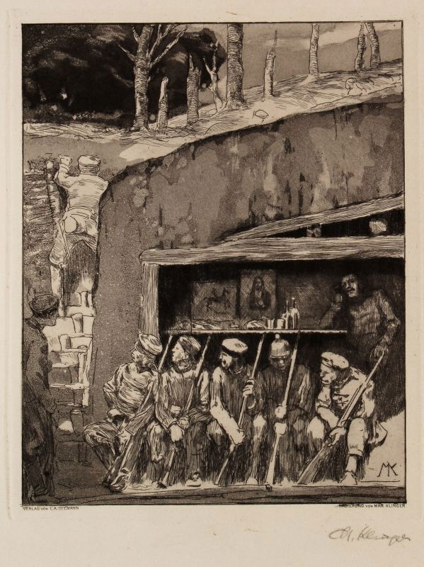 Max Klinger, Im Unterstand. 1917.: Max Klinger, Im Unterstand. 1917. Aquatint etching. In der Platte u.re. monogrammiert "MK" sowie bezeichnet "Verlag von E.A. Seemann" und "Radierung von Max Klinger". U.re. in Blei signiert "M. Klinge