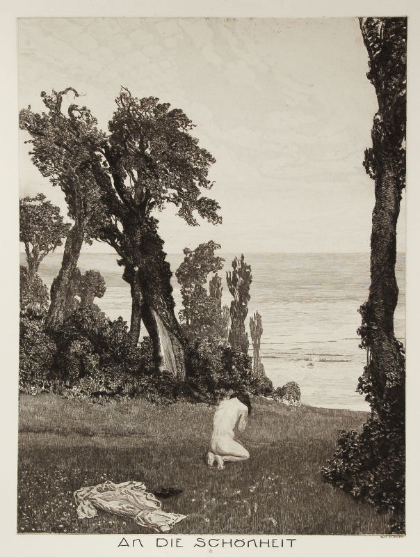 Max Klinger "An die Schönheit". 1890.: Max Klinger "An die Schönheit". 1890. Etching. In der Platte betitelt u.Mi. und signiert "Max Klinger" u.re. Blatt 12 des Zyklus "Vom Tode Zweiter Teil", Opus XIII. Blatt der Edition der Griffelkunst