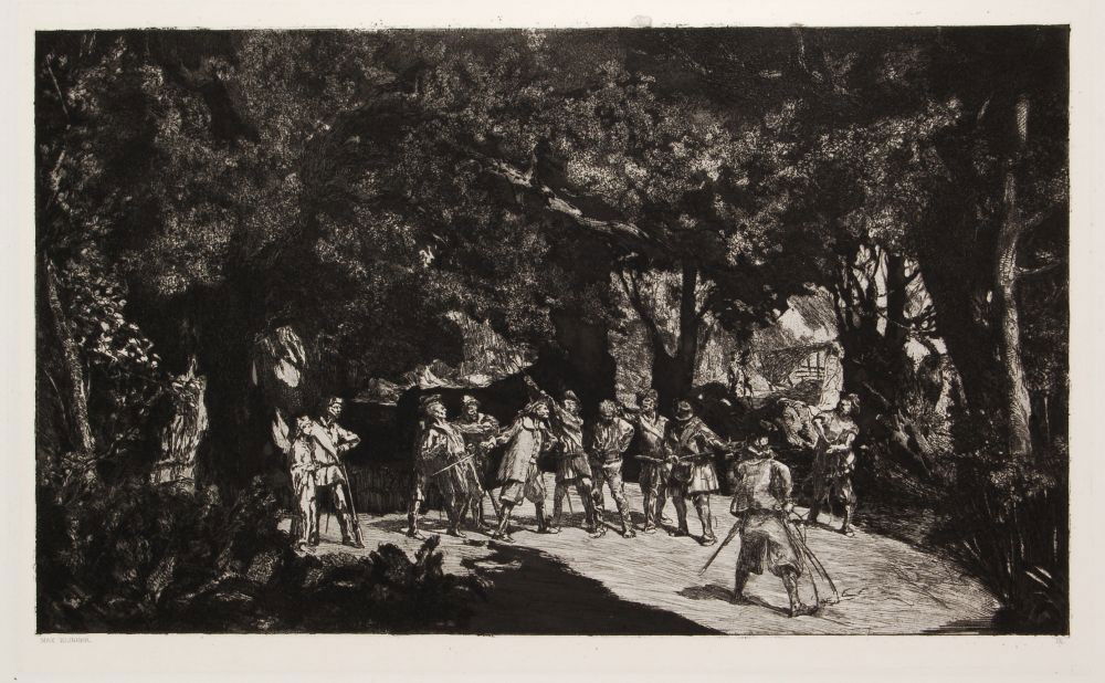 Max Klinger "Simplicius unter den Soldaten". Um 18: Max Klinger "Simplicius unter den Soldaten". Um 1881. Etching auf China, auf Kupferdruckpapier aufgewalzt. In der Platte u.li. signiert "Max Klinger", u.re. nummeriert "IX", sowie ausführlich von fre