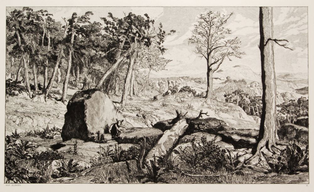 Max Klinger "Simplicius in der Waldeinöde". Um 188: Max Klinger "Simplicius in der Waldeinöde". Um 1881. Etching auf China, auf Kupferduckpapier aufgewalzt. In der Platte u.li. signiert "Max Klinger", u.re. nummeriert "X". Blatt 10 aus dem Zyklus "Int