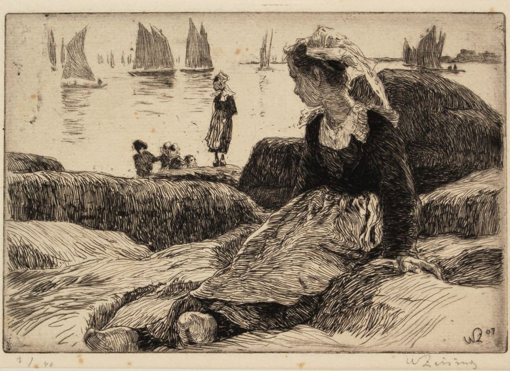 Walter Zeising, Alter Mann/ "Alte Bretoninnen"/ "B: Walter Zeising, Alter Mann/ "Alte Bretoninnen"/ "Bretonisches Mädchen". 1904/ 1907. Etching auf Bütten. Alle Blätter in der Platte datiert und monogrammiert "WZ". In Blei unterhalb der Darstellung 
