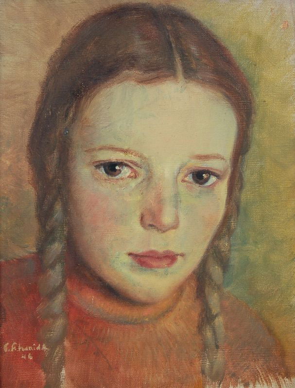 Unbekannter Künstler (G. oder F. Schmidt ?). Mädch: Unbekannter Künstler (G. oder F. Schmidt ?). Mädchen mit Zöpfen. 1946. Oil on canvas. Undeutlich signiert u.li. "G. [F.?] Schmidt" und datiert. Hinter Glas in schmaler Holzleiste gerahmt.Kleine aus