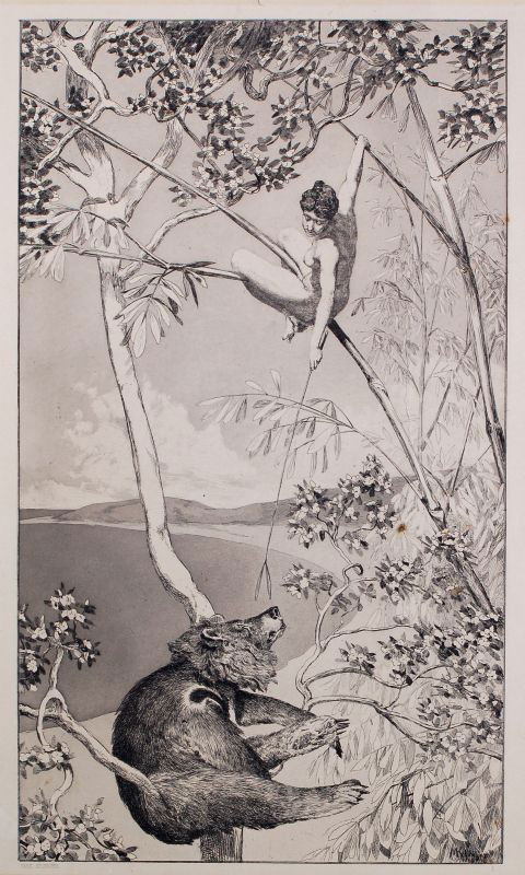 Max Klinger "Bär und Elfe". 1880.: Max Klinger "Bär und Elfe". 1880. Aquatint etching auf aufgewalztem, französischen China. In der Platte u.re. signiert "MKlinger" und datiert. Außerhalb der Darst. nummeriert "I" und signiert "Max