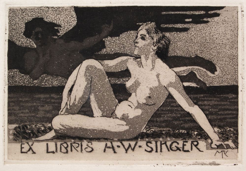 Max Klinger "Ex Libris A.W.Singer". No date.: Max Klinger "Ex Libris A.W.Singer". No date. Aquatint etching auf Bütten. In der Platte ligiert monogrammiert "MK" u.re. und betitelt u.Mi. In Blei signiert "M. Klinger" u.re.Verso Reste einer alten