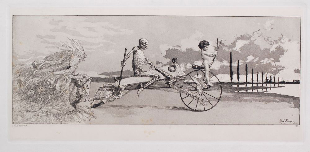 Max Klinger "Amor, Tod und Jenseits". 1881.: Max Klinger "Amor, Tod und Jenseits". 1881. Aquatint etching auf aufgewalztem, französischen China. In der Platte u.re. signiert "Max Klinger" und datiert. Außerhalb der Darst. u.re. nummeriert "XII