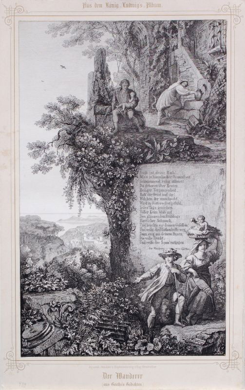 Eugen Napoleon Neureuther "Der Wanderer". 19th cen: Eugen Napoleon Neureuther "Der Wanderer". 19th cent. Etching auf China, auf kräftigen Karton aufgewalzt. Aus dem König-Ludwig Album, auf dem Karton typographisch bezeichnet "Aquarell, Gemälde u. Ku