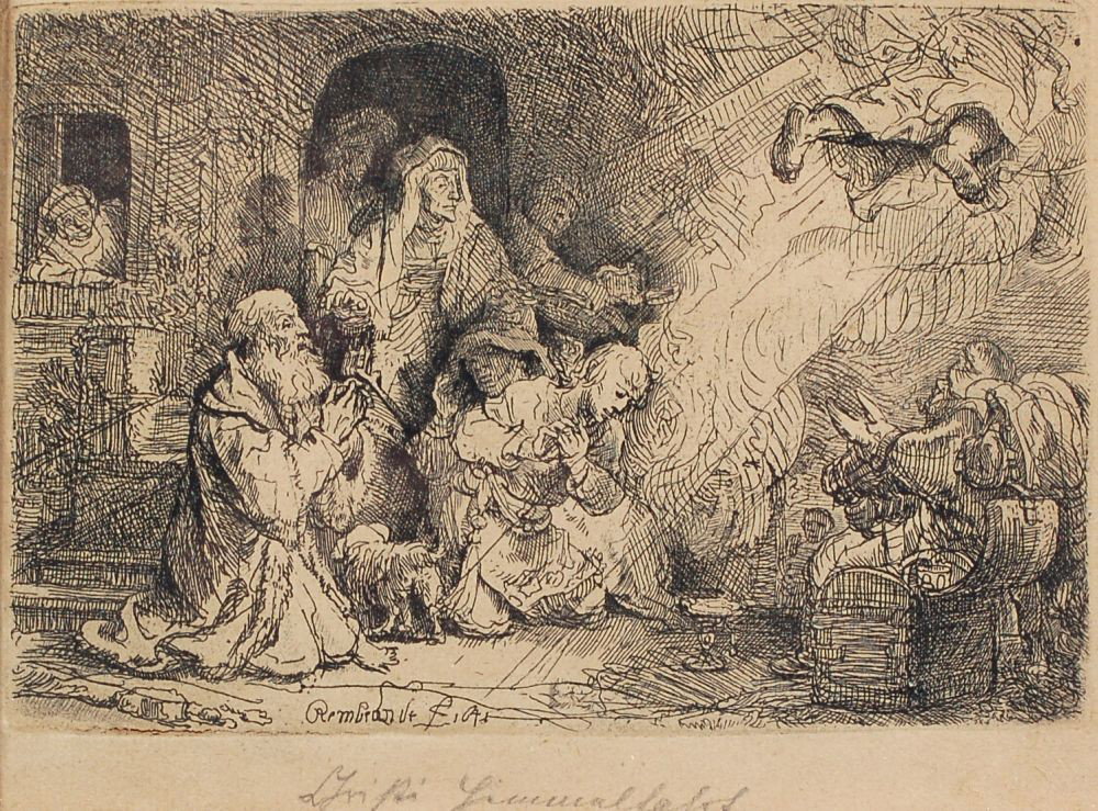 Rembrandt Harmensz. van Rijn, Der Engel verläßt di: Rembrandt Harmensz. van Rijn, Der Engel verläßt die Familie des Tobias. 1641. Etching auf Bütten. Späterer Druck des 19. Jahrhunderts. In der Platte u.Mi. signiert "Rembrandt" und datiert. Am unte