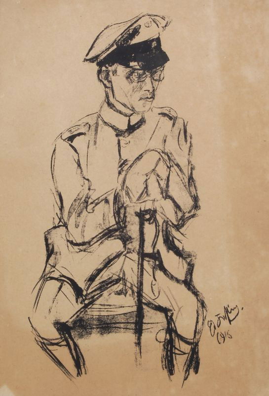 Edmund Kesting "Leutnant Dr. Schauer". 1916.: Edmund Kesting "Leutnant Dr. Schauer". 1916. Lithograph auf chamoisfarbenem Papier. Im Stein signiert " Ed. Kesting" und datiert u.re. Verso von fremder Hand in Kugelschreiber nummeriert "54". Im Pass