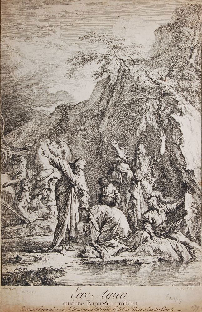 Joseph Goupy, Taufe eines Eunuchen. 18th cent.: Joseph Goupy, Taufe eines Eunuchen. 18th cent. Etching nach Salvator Rosa. In der Platte u.re. bezeichnet "Jos. Goupy fecit Londini" und ausführlich in Latein betitelt. Blatt etwas gebräunt, fleckig