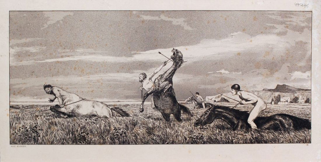 Max Klinger "Am Meer" / "Verfolgter Centaur". 1881: Max Klinger "Am Meer" / "Verfolgter Centaur". 1881. Aquatint etching auf aufgewalztem, französischen China. Jeweils in der Platte nummeriert "II" bzw. "III" und signiert "Max Klinger". Blatt 2 und 3