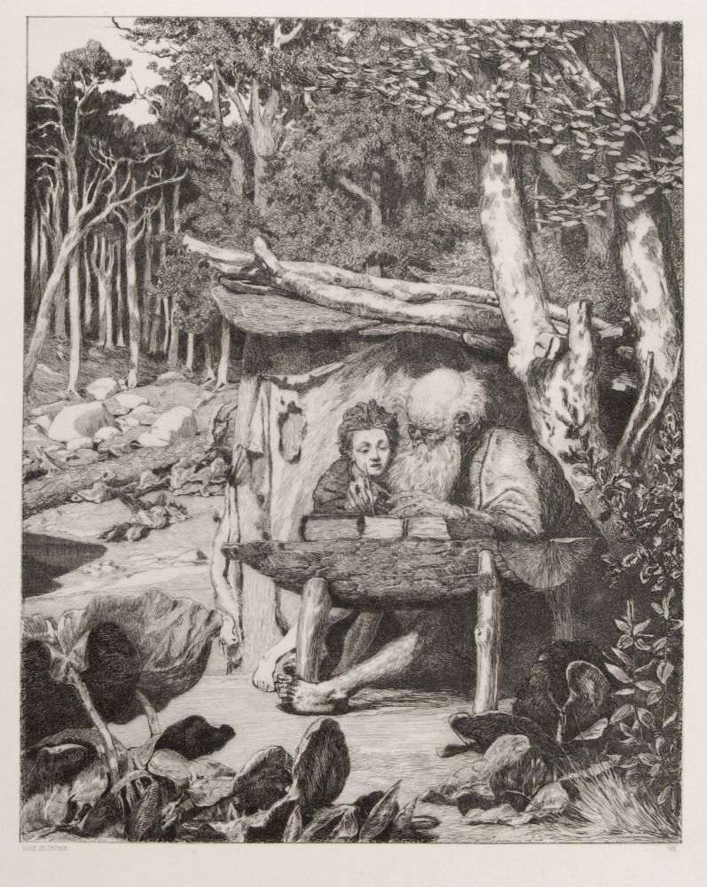 Max Klinger "Simplici Schreibstunde". 1881.: Max Klinger "Simplici Schreibstunde". 1881. Etching auf China, auf Kupferdruckpapier aufgewalzt. In der Platte typographisch signiert "Max Klinger" u.li. und nummeriert "VII" u.re. Auf dem Untersatzpa