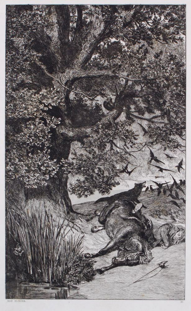 Max Klinger "Gefallener Reiter". 1881.: Max Klinger "Gefallener Reiter". 1881. Etching auf aufgewalztem, französischen China. In der Platte nummeriert "XI" und signiert "Max Klinger". Blatt 11 aus der Mappe "Intermezzi, Opus IV". Das Blatt