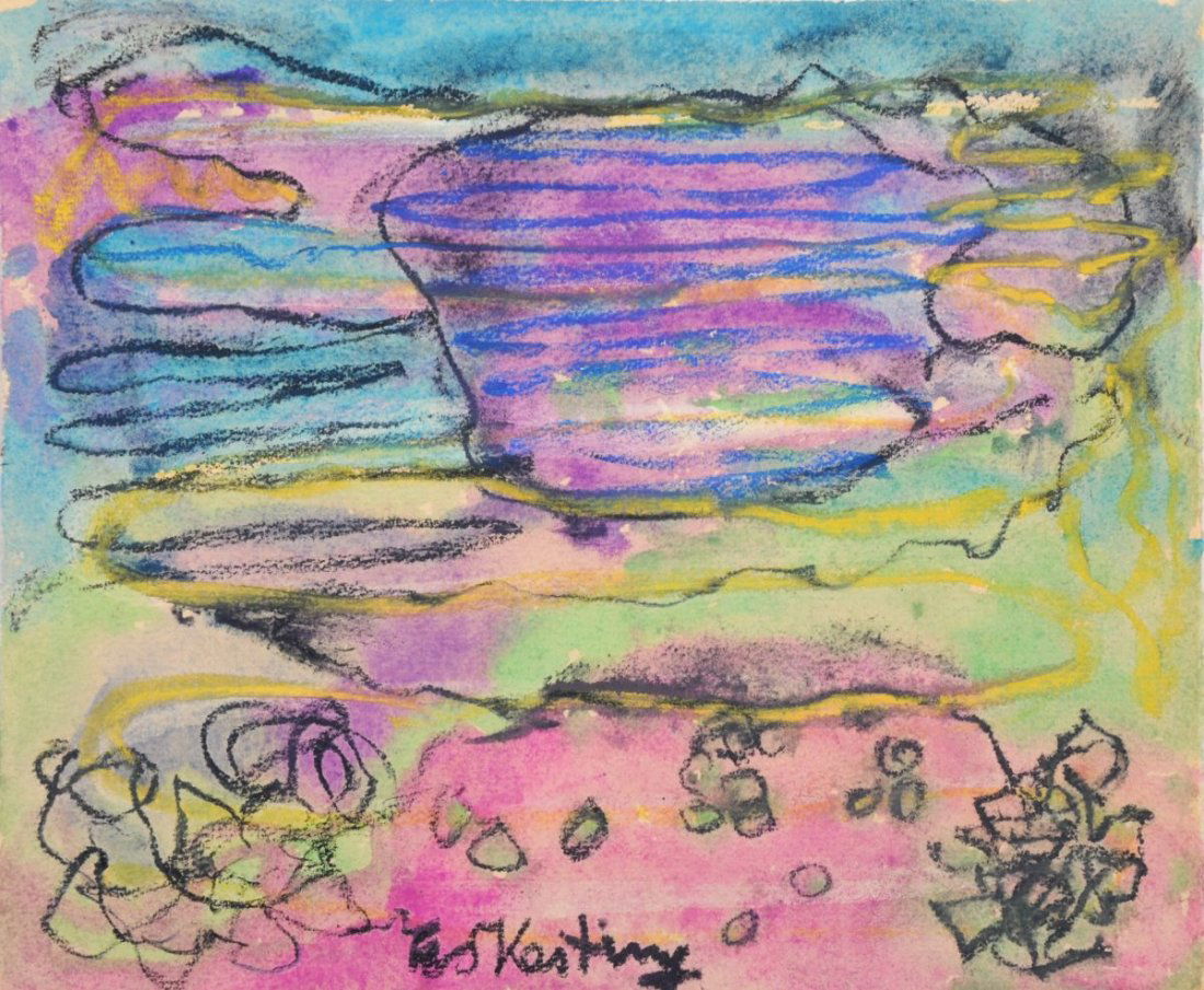 Edmund Kesting, Darßlandschaft. 1960's.: Edmund Kesting, Darßlandschaft. 1960's. Watercolour und Farbkreide auf Bütten. U.Mi. in Kreide signiert "EdKesting". Blatt leicht gebräunt. size: 17,7 x 21,5 cm. Edmund Kesting, Darßlandschaft. 19