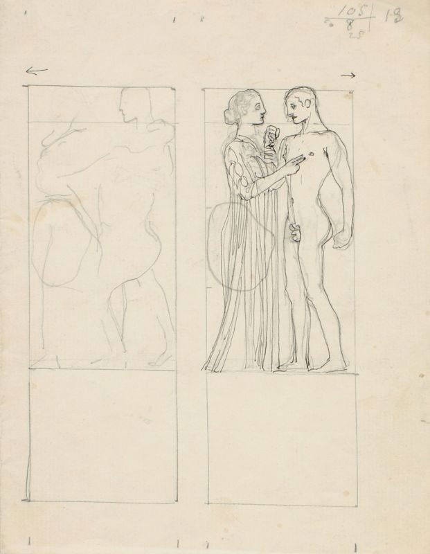 Max Klinger, Entwurf für eine Wand- oder Buchdekor: Max Klinger, Entwurf für eine Wand- oder Buchdekoration. Wohl 1880er/ 1890's. Pen drawing in Schwarz über Bleistift auf Bütten. Unsigniert. Verso in Blei bezeichnet "Handzeichnung von Max Klinger,