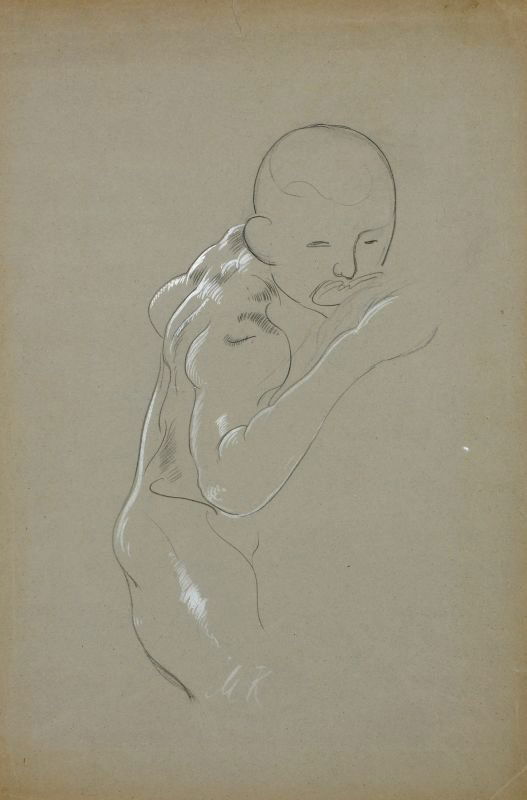 Max Klinger, Aktstudie eines liegenden Jünglings.: Max Klinger, Aktstudie eines liegenden Jünglings. Um 1900. Pencil drawing, weiß gehöht, auf graugrünem Papier. U.re. in Weiß monogrammiert "M K". Verso von fremder Hand in Blei bezeichnet. U.re.