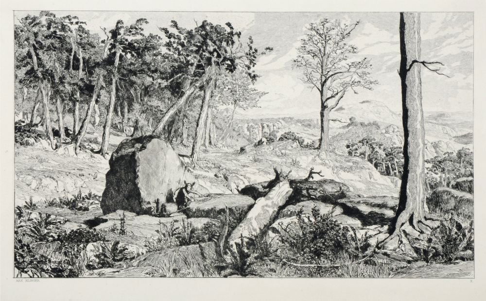 Max Klinger "Simplicius in der Waldeinöde". Um 188: Max Klinger "Simplicius in der Waldeinöde". Um 1881. Etching auf China, auf Kupferdruckpapier aufgewalzt. In der Platte u.li. signiert "Max Klinger", u.re. nummeriert "X". Blatt 10 aus dem Zyklus Opu