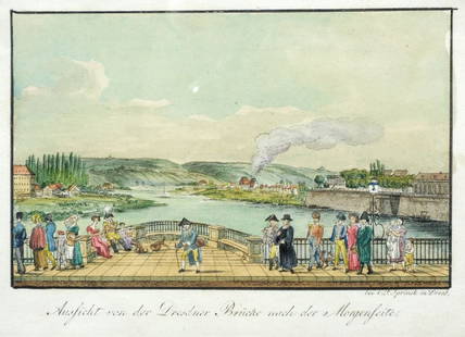 Christian Friedrich Sprinck "Aussicht von der Dres: Christian Friedrich Sprinck "Aussicht von der Dresdner Brücke nach der Morgenseite". Um 1820. Coloured etching. In der Platte u.re. signiert und bezeichnet "C.F. Sprinck in Dresd.". Hinter Glas in ei
