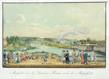 Christian Friedrich Sprinck "Aussicht von der Dres: Christian Friedrich Sprinck "Aussicht von der Dresdner Brücke nach der Morgenseite". Um 1820. Coloured etching. In der Platte u.re. signiert und bezeichnet "C.F. Sprinck in Dresd.". Hinter Glas in