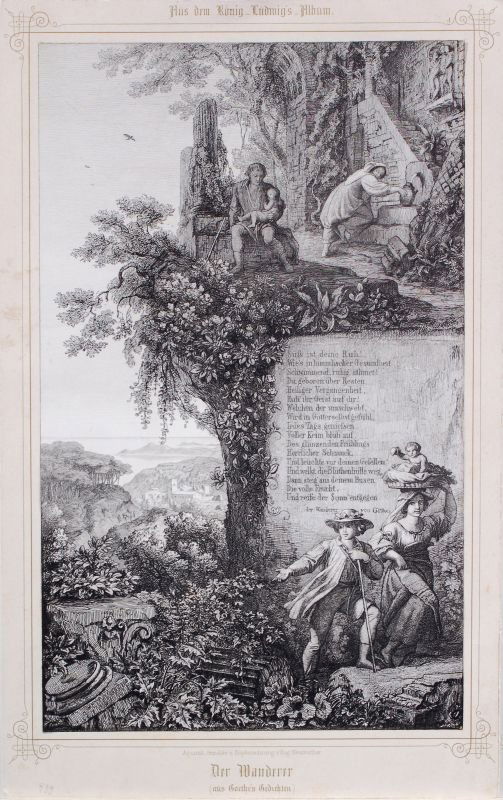 Eugen Napoleon Neureuther "Der Wanderer". 19th cen: Eugen Napoleon Neureuther "Der Wanderer". 19th cent. Etching auf China, auf kräftigen Karton aufgewalzt. Aus dem König-Ludwig Album, auf dem Karton typographisch bezeichnet "Aquarell, Gemälde u. Ku