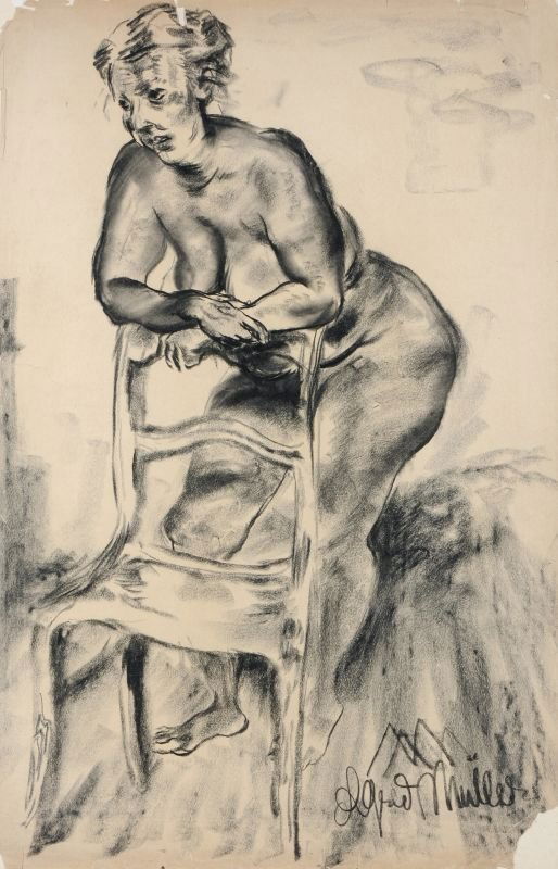 Gustav Alfred Müller, Stehender weiblicher Akt, di: Gustav Alfred Müller, Stehender weiblicher Akt, die Arme auf eine Stuhllehne gestützt. Wohl um 1924. auf chamoisfarbenem Velin. In Kohlestift signiert u.re. "Alfred Müller" und darüber ligiert mon