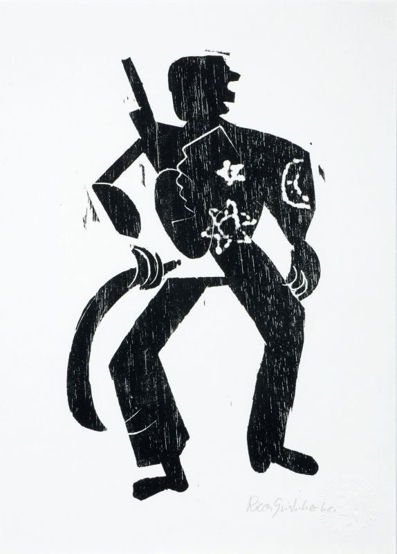 HAP Grieshaber "Marquis" / "Der Mann mit der Mache: HAP Grieshaber "Marquis" / "Der Mann mit der Machete" / "Partisan" / "Operation silencio". 1983. Wood cut on buff coloured paper. Unsigniert. Posthume Abzüge, in Blei von der Tochter des Künstlers b