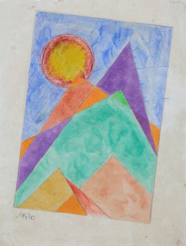 Thilo Maatsch, Sonne und Pyramiden. No date.: Thilo Maatsch, Sonne und Pyramiden. No date. Watercolour und farbige Kreide über Bleistift auf Bütten. U.li. in Blei signiert "Mthilo". Blatt stärker knickspurig und gebräunt. Vereinzelt stockflec