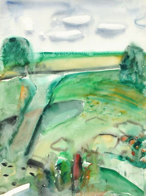 Paul Michaelis "Weg hinter dem Max Klinger Haus in: Paul Michaelis "Weg hinter dem Max Klinger Haus in Grossjena". 1979. Watercolour. U.re. in Tusche monogrammiert "Mi" und datiert. Verso signiert "Paul Michaelis", datiert und betitelt. Auf dem Untersa