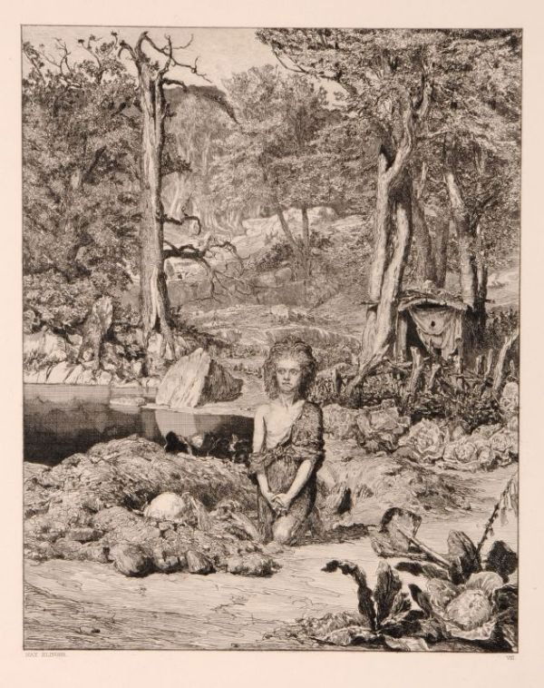 Max Klinger "Simplicius am Grabe des Einsiedlers".: Max Klinger "Simplicius am Grabe des Einsiedlers". 1881. Etching auf weißem Karton. In der Platte bezeichnet "Max Klinger" u.li. und nummeriert "VIII" u.re. Aus der Folge "Intermezzi", Blatt 8, Opus