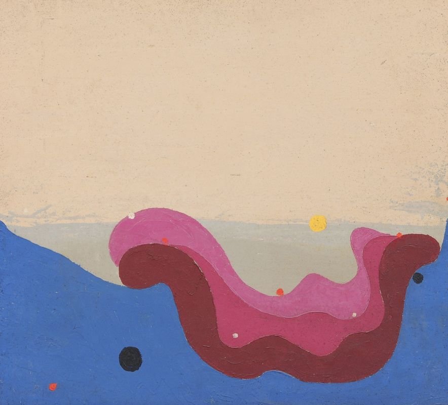 Thilo Maatsch, Abendliche Landschaft. 1968.: Thilo Maatsch, Abendliche Landschaft. 1968. Oil on fibreboard. Verso in Faserstift signiert "Thilo XX", ausführlich datiert und nummeriert "1440" o.Mi. In einer einfachen goldfarbenen Rahmenleiste fe