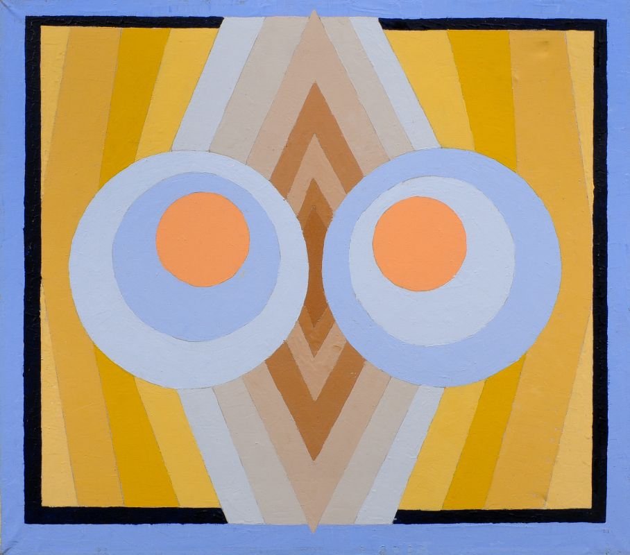 Thilo Maatsch, Geometrische Formen im Raum. 1974.: Thilo Maatsch, Geometrische Formen im Raum. 1974. Oil painting auf textilem Bildträger. Verso auf dem Keilrahmen signiert "Thilo XX", datiert und nummeriert "1945" o.Mi. In profilierter, goldfarbener
