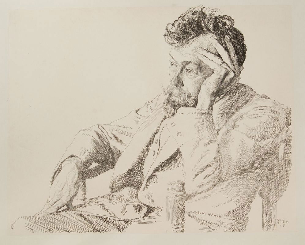 Otto Greiner "Bildnis von Professor Paul Horst-Schulze : Otto Greiner "Bildnis von Professor Paul Horst-Schulze in Leipzig" / Exlibris "Sapienti Sat". 1914 / 1903. Lithograph auf China, auf Bütten aufgewalzt / Radierung mit Tonplatte. Die Lithographie im S