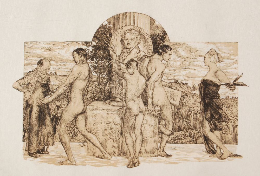 Otto Greiner "Senefelder-Gedenkblatt. (Allegorie auf di: Otto Greiner "Senefelder-Gedenkblatt. (Allegorie auf die Lithographie)". 1887 oder 1888. Lithograph mit eingedruckter bräunlich-gelber Tonplatte auf Japan. Im Stein u.li. monogrammiert "O. Gr."WVZ Vo
