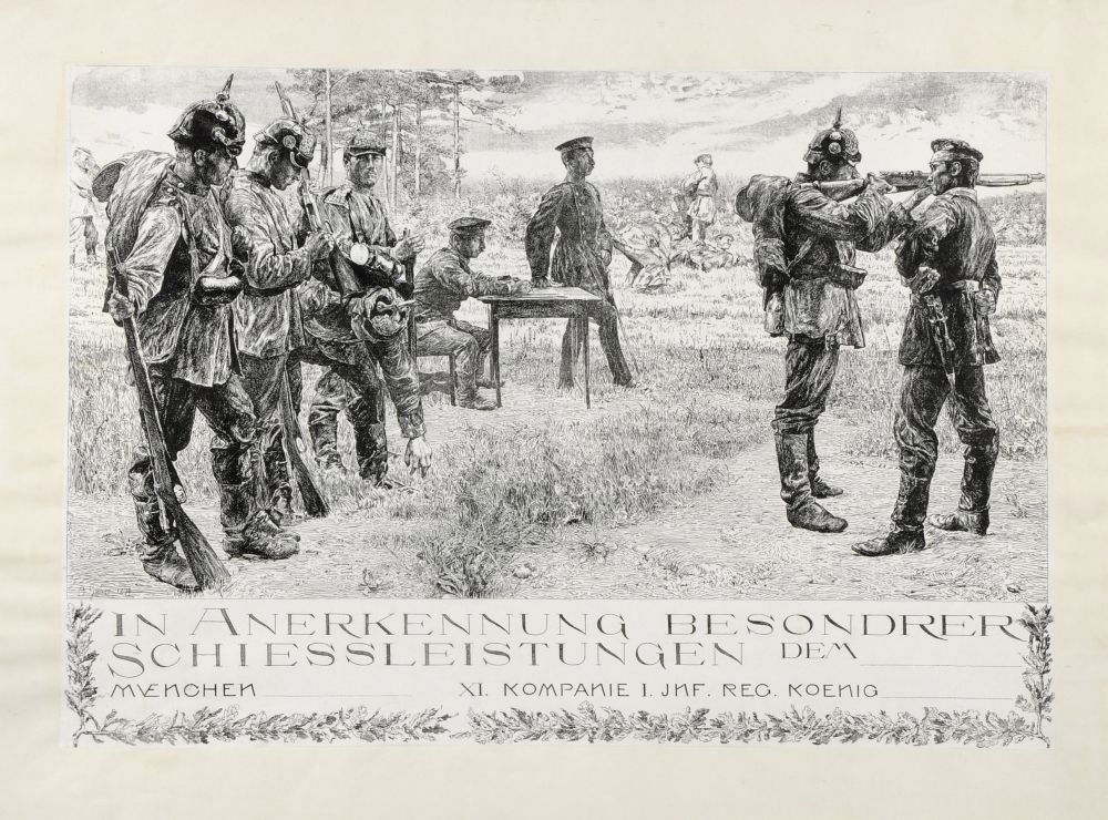 Otto Greiner "Schießdiplom für die XI. Compagnie des I.: Otto Greiner "Schießdiplom für die XI. Compagnie des I. königlich-bayrischen Infanterie-Regiments". 1894. Lithograph auf China, auf Untersatzpapier aufgewalzt. Im Stein signiert "O. Greiner" und da