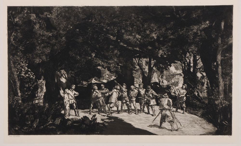 Max Klinger "Simplicius unter den Soldaten". Um 1881.: Max Klinger "Simplicius unter den Soldaten". Um 1881. Etching auf China, auf Kupferdruckpapier aufgewalzt. In der Platte typografisch signiert "Max Klinger." u.li. und nummeriert "IX." u.re. Blatt 9 a