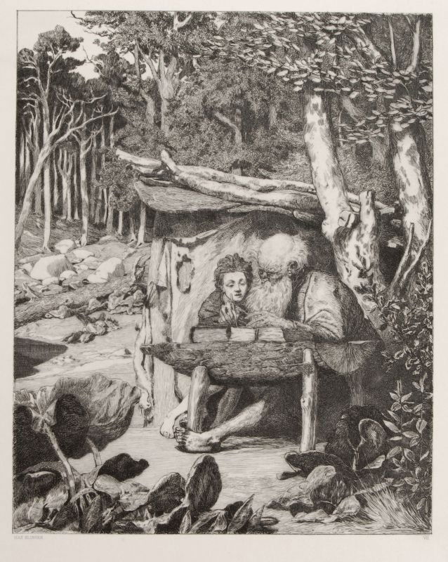 Max Klinger "Simplici Schreibstunde". 1881.: Max Klinger "Simplici Schreibstunde". 1881. Etching auf China, auf Kupferdruckpapier aufgewalzt. In der Platte typographisch signiert "Max Klinger" u.li. und nummeriert "VII" u.re. Auf dem Untersatzpa