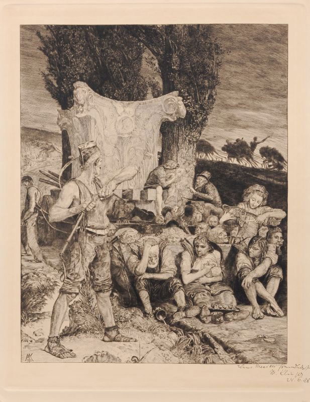 Max Klinger "Das Elend". 1892.: Max Klinger "Das Elend". 1892. Etching und Kupferstich. In Tusche signiert u.re. "M. Klinger" und vom Künstler mit einer datierten Widmung versehen. In der Platte innerhalb der Darstellung u.li. ligi