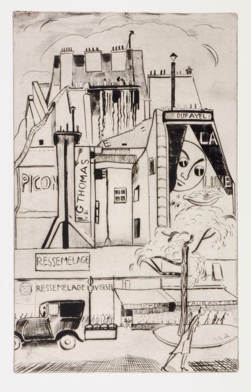 Max Ackermann, Pariser Einkaufsstraße mit ihren verkauf: Max Ackermann, Pariser Einkaufsstraße mit ihren verkaufswerbenden Hinterhöfen. 1926/ 1927. Drypoint etching mit Tonplatte auf "Hahnemühle"- Bütten. In der Platte monogrammiert "M.A." u.re. Später