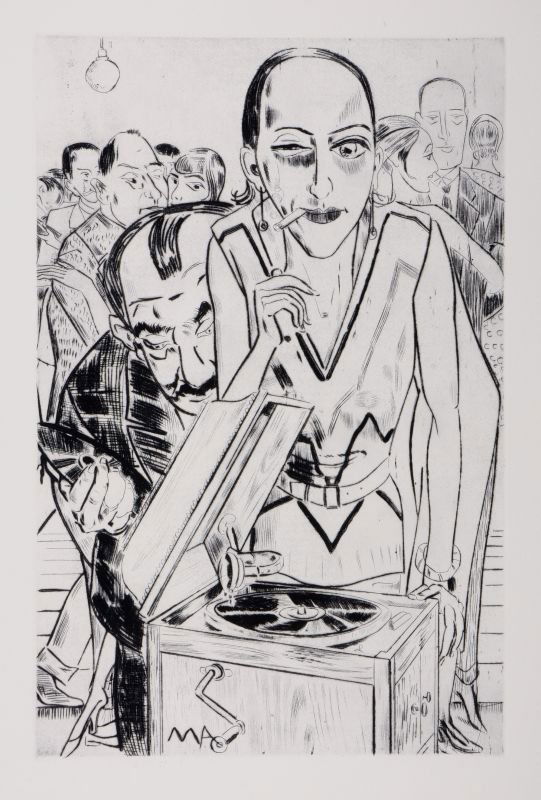 Max Ackermann, Am Grammophon. 1930.: Max Ackermann, Am Grammophon. 1930. Drypoint etching auf Bütten. In der Platte monogrammiert "MA" u. Mi. Trockenstempel u.re. Späterer Abzug der 1950er Jahre. Leicht knickspurig. size: Pl. 49,7 x 32