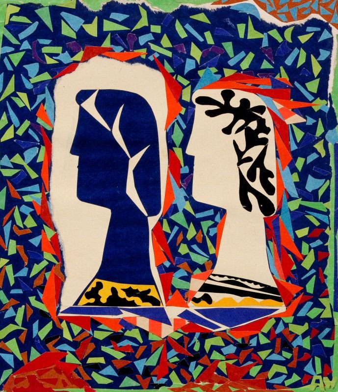 Annemarie Balden-Wolff, Zwei Köpfe im Profil. No date.: Annemarie Balden-Wolff, Zwei Köpfe im Profil. No date. Collage auf Karton. In Papier ausgeführtes Monogramm "AW" u.re. Auf Untersatzkarton montiert. Verso mit dem Künstlerstempel versehen u.re. Ver