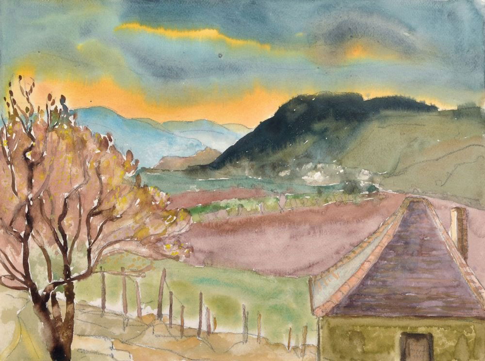 Gussy Hippold-Ahnert, Blick aus dem Atelier Max Klinger: Gussy Hippold-Ahnert, Blick aus dem Atelier Max Klingers in Großjena. 1975. Watercolour über Graphit auf strukturiertem Bütten. In Blei signiert "Gussy Hippold" sowie datiert u.re. Verso in Blei vo