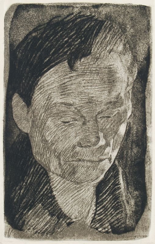 Käthe Kollwitz "Frauenkopf". 1905.: Käthe Kollwitz "Frauenkopf". 1905. In der Platte monogrammiert "K" u.li. Druck aus der Auflage von der Becke, Berlin-Halensee ab 1946. U.re. mit dem Trockenstempel des Verlages. Hinter Glas gerahmt. 