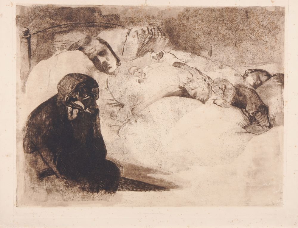 Käthe Kollwitz "Arbeitslosigkeit". 1909.: Käthe Kollwitz "Arbeitslosigkeit". 1909. Etching und Schmirgeldurchdruck in Schwarzbraun. Unsigniert. In der Platte typografisch bezeichnet "Orig. Rad. von Käte Kollwitz" u.li, "Verlag von Emil Rich