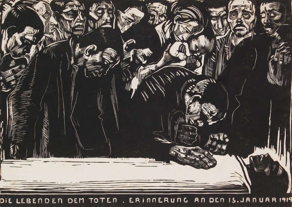 Käthe Kollwitz "Gedenkblatt für Karl Liebknecht". 1920.: Käthe Kollwitz "Gedenkblatt für Karl Liebknecht". 1920. Wood cut auf Bütten. Unsigniert. Im Stock unterhalb der Darstellung typografisch bezeichnet „Die Lebenden dem Toten. Erinnerung an den 15. 
