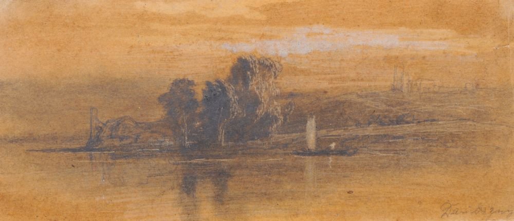 Karl (Charles-Pierre) Daubigny (zugeschr.), Uferlandsch: Karl (Charles-Pierre) Daubigny (zugeschr.), Uferlandschaft mit Baumgruppe und Fischerboot. 3th quarter 19th cent. Pencil drawing, laviert, partiell weiss gehoeht, Kratztechnik. In Blei signiert "Daubi